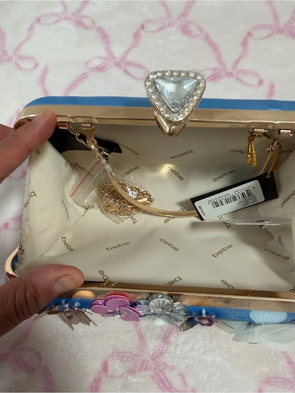 bebe Blue Floral Appliqué Evening Clutch